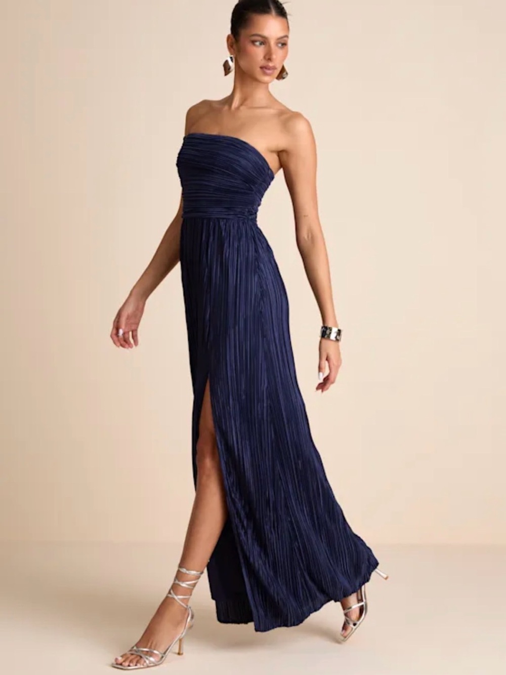 Lulus Poised Performance Navy Plisse One-Shoulder Maxi Dress